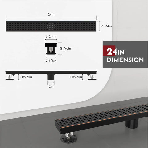 24 Inch Linear Shower Drain With Accessories Rectangular Floor Drain Square Hole Pattern Grate Side View