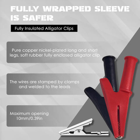 Fully insulated alligator clips from the Six Piece Multimeter Test Leads Kit With 4Mm Banana Plug Leads Insulated Alligator Clips Back Probes And Piercing Probes For Auto Diagnostics Built Tough For Quick Electrical Testing, showing copper nickel-plated construction with soft rubber enclosure.