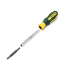 60 Piece Ratcheting Bit Driver Set With 1/4 Inch Drive, yellow and green handle, chrome vanadium steel extension
