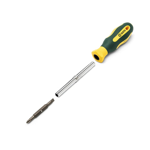 60 Piece Ratcheting Bit Driver Set With 1/4 Inch Drive, yellow and green handle, chrome vanadium steel extension