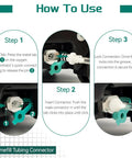 Front-view infographic of Homefill Tubing Connector Assembly for oxygen systems; teal fittings, 12 ft coil.