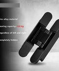 Image of a black zinc alloy door hinge, part of a 4 Pack Invisible Concealed Door Hinges With 3D Cross Adjustment, Heavy Duty 120 To 180 Kg Load Rating, Screws Included, Hidden Door Hardware For Bedroom And Living Room Renovations, shown from a side angle with text detailing zinc material and 120 kg capacity.