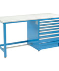Built Like A Tank 72 By 30 Inch Modular Workbench With 7 Locking Rolling Drawers And Full Extension Glides Heavy Duty Pro Shop Workhorse Vibrant Blue side view of workbench with drawers