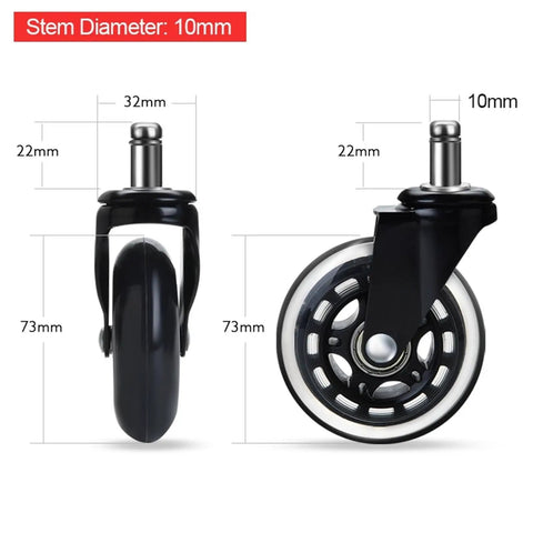 5 Pack 3 Inch Universal Mute Swivel Caster Wheels For Office Chairs Rock Solid Heavy Duty Rubber Rollers with 10mm stem diameter