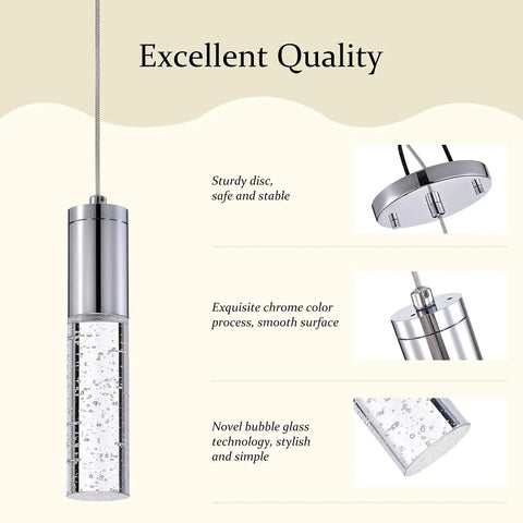 2 Pack Integrated LED Pendant Lights With Bubble Glass And Chrome Finish, 3000K Warm Light, Dimmable, 8.5W 640 Lumens