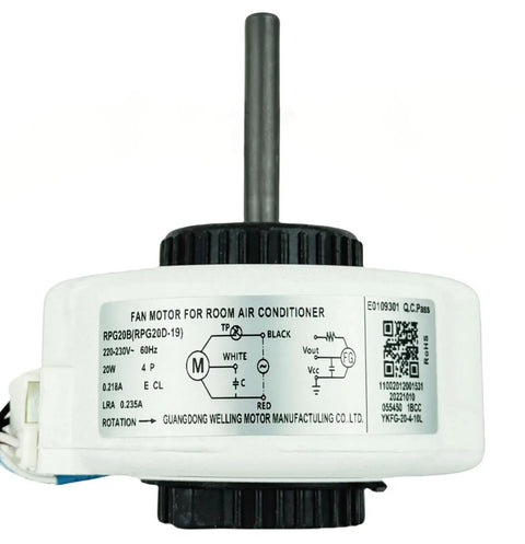 Plug And Play Indoor Air Conditioning Fan Motor For Midea Units, Brushless DC, side view showing wiring and specifications.