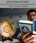 Moon Quran Speaker Lamp With Bluetooth, Starry Night Quran Lamp With App Control beside man holding open Quran