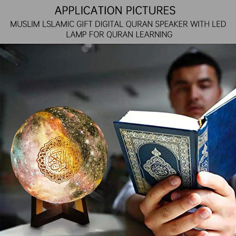 Moon Quran Speaker Lamp With Bluetooth, Starry Night Quran Lamp With App Control beside man holding open Quran