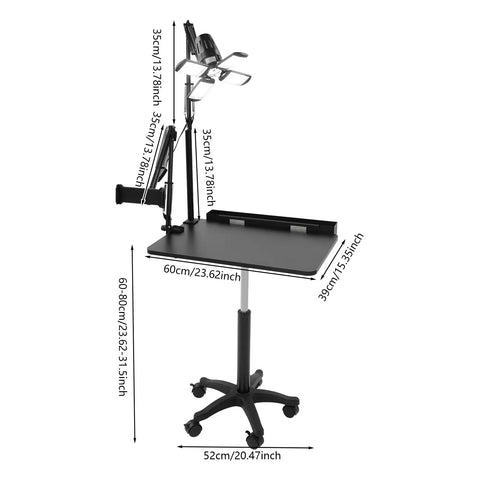 Smooth Rolling Adjustable Height Tattoo Workstation With Bright Led Panel And Smart Storage Rack For Your Professional Mobile Art Studio Daily Grind And Heavy Duty Gear with dimensions and features.