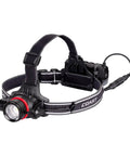 Rechargeable 2000 Lumen Headlamp With Pure Beam Focusing LED For Outdoors with adjustable strap and battery pack attached