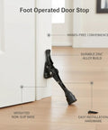 Foot Operated Door Stop For Hands Free Entryway Access, Zinc Alloy Floor Holder with pedal activation shown against door on floor