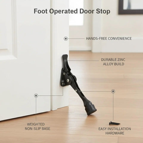 Foot Operated Door Stop For Hands Free Entryway Access, Zinc Alloy Floor Holder with pedal activation shown against door on floor