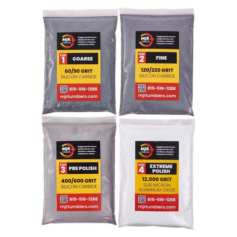 Four bags of Refill Grit Kit With Top Notch 12,000 Grit Sub Micron Aluminum Oxide Extreme Polish For Unparalleled Rock Tumbler Shine