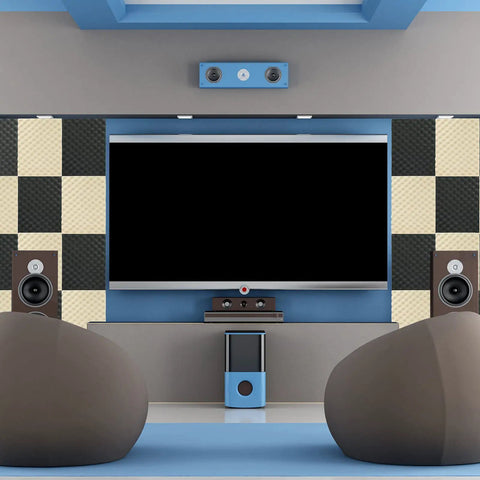 Image of a living room showing Hella Thick One Point Eight Inch Closed Cell Soundproofing Foam Egg Crate Acoustic Panels Peel And Stick For Walls.