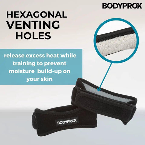 Patella Tendon Knee Strap 2 Pack with hexagonal venting holes preventing moisture buildup, lightweight and durable design.
