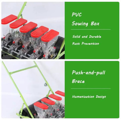 Handheld Garden Seeder For Corn And Beans Manual Seed Drill with PVC sowing box, push-and-pull brace visible in the image.