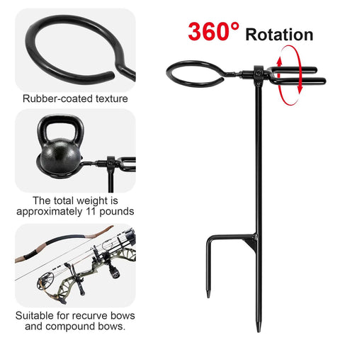 Beefy Bow Stake with 360 Degree Adjustable Rotating Fork and Arrow Ring, heavy duty bracket for recurve and compound bows