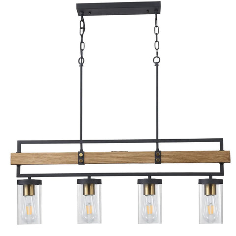 4 Light Farmhouse Kitchen Island Pendant Light With Black Metal And Wood Finish, 36 Inch Linear Hanging Chandelier For Dining Room.