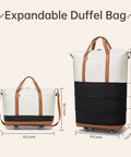 Expandable travel duffle bag with wheels, white body, brown leather handles, black base
