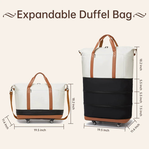 Expandable travel duffle bag with wheels, white body, brown leather handles, black base