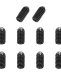 Badass M4x8mm Ball Point Set Screws 10 Pc Carbon Steel Hex Socket Spring Plungers Grub Screws arranged in a flat layout.