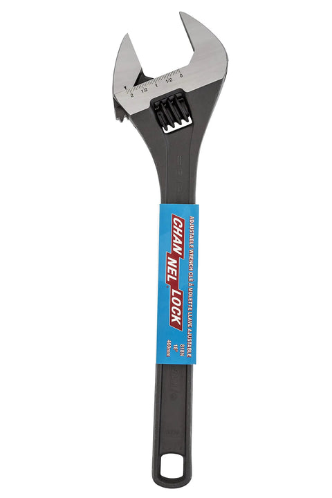 Heavy Duty 18 Inch Adjustable Wrench With Wide Jaw Capacity For Big Nuts And Bolts featuring long jaws and scales.