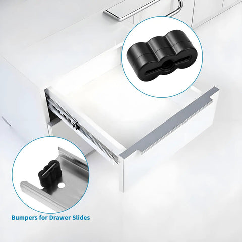 20 Pack Heavy Duty Rubber Drawer End Stoppers Cabinet Slide Bumpers shown on metal drawer slide for smooth operation.