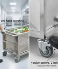 Industrial Stainless Steel Utility Cart With Locking Swivel Wheels And Deep Soak Tank Built For Heavy Hauling showing one-handed operation and lockable wheels.