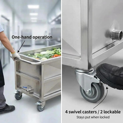 Industrial Stainless Steel Utility Cart With Locking Swivel Wheels And Deep Soak Tank Built For Heavy Hauling showing one-handed operation and lockable wheels.