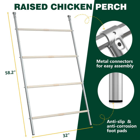 Raised 4-tier Natural Wood Chicken Perch Roosting Bars For Coop And Backyard Poultry, 58.2 inch long by 32 inch wide ladder