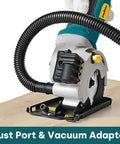 Enventor mini circular saw, front-right view with dust port and vacuum hose attached on wood table