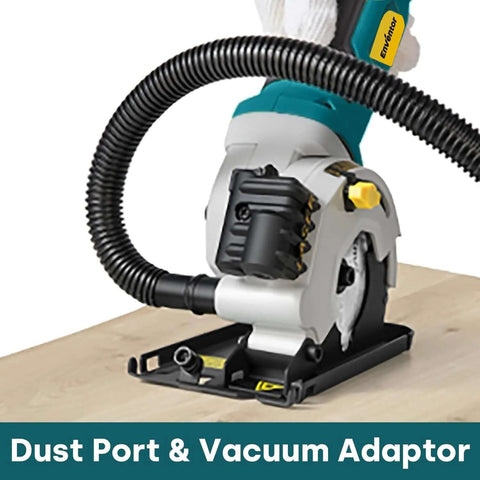 Enventor mini circular saw, front-right view with dust port and vacuum hose attached on wood table