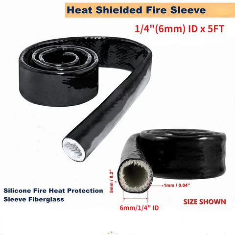5ft Heavy Duty Pro Grade Fire Sleeve Heat Shield Thermo Armor, 1/4'' silicone coated fiberglass for automotive use