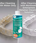 Mint Ultrasonic Retainer Cleaner Solution Concentrate For Ultrasonic Machines bottle next to clean and dirty mouthguard