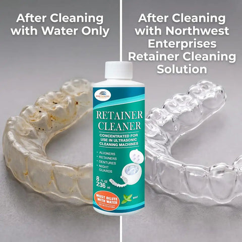 Mint Ultrasonic Retainer Cleaner Solution Concentrate For Ultrasonic Machines bottle next to clean and dirty mouthguard