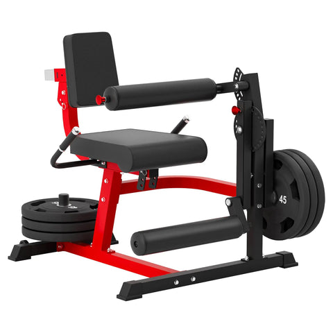 2-In-1 Leg Extension And Curl Machine For Home Gym with adjustable leg developer, high-density foam rollers, black and red design.