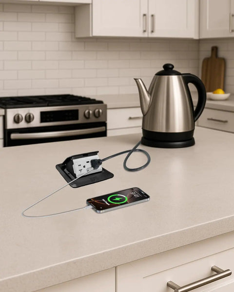 Floor Pop Up Outlet For Kitchen Countertop With 20 Amp Tamper Resistant Receptacles USB Charging 5V 4.8A USB C Waterproof