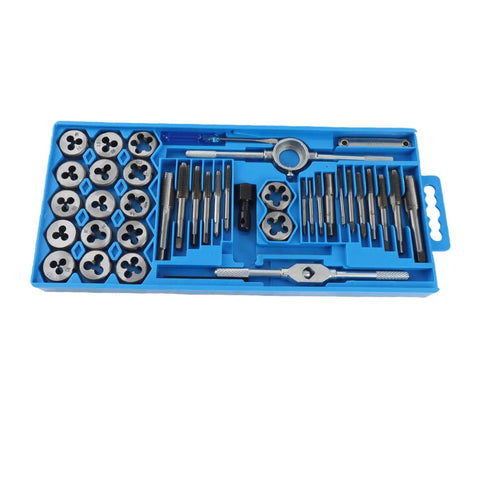 Hardened Alloy Steel Tap And Die Set With Variable Hand Tools For Heavy Duty Screw Threading Operations That Cut Tapered Threads And Craft Precise Nuts in blue case