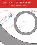 Diagram of Heavy Duty Bike Inner Tubes Set for 700x38C to 700x45C Tires with 35mm Schrader Valve and measurements.