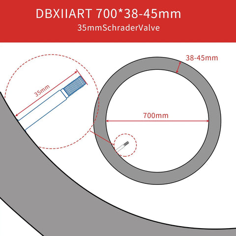 Diagram of Heavy Duty Bike Inner Tubes Set for 700x38C to 700x45C Tires with 35mm Schrader Valve and measurements.
