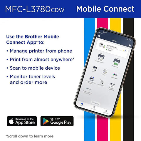 MFC-L3780CDW Mobile Connect App interface on smartphone showcasing remote printer management features