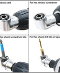 Right Angle Drill Attachment 105 Degree For Tight Spots With Magnetic Bit Socket Quick Change 1 Quarter Inch Drive DIY Power Screwdriver And Impact Drill Adapter For Auto Maintenance Home Improvement Furniture Install in use with various drill bits and screwdrivers in a quad-view setup.