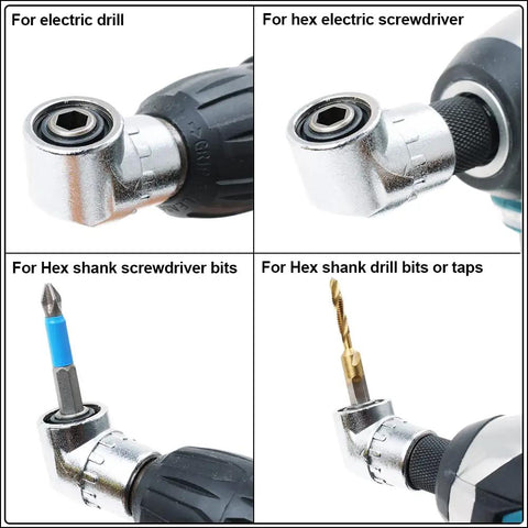 Right Angle Drill Attachment 105 Degree For Tight Spots With Magnetic Bit Socket Quick Change 1 Quarter Inch Drive DIY Power Screwdriver And Impact Drill Adapter For Auto Maintenance Home Improvement Furniture Install in use with various drill bits and screwdrivers in a quad-view setup.