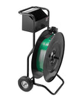 Road Ready Banding Strapping Cart For Pet And Polypropylene Coils Handles Eight Or Sixteen Inch Cores Smooth Rolling Strap Dispenser With Drum Brake And Rubber Casters True Workhorse featuring green strap and heavy-duty steel construction.