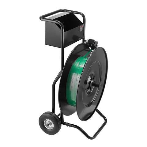 Road Ready Banding Strapping Cart For Pet And Polypropylene Coils Handles Eight Or Sixteen Inch Cores Smooth Rolling Strap Dispenser With Drum Brake And Rubber Casters True Workhorse featuring green strap and heavy-duty steel construction.