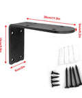 Heavy Duty Matte Black L Corner Brackets, 2 Pack Wall Mounted Shelf Supports For DIY Furniture with hardware and dimensions.