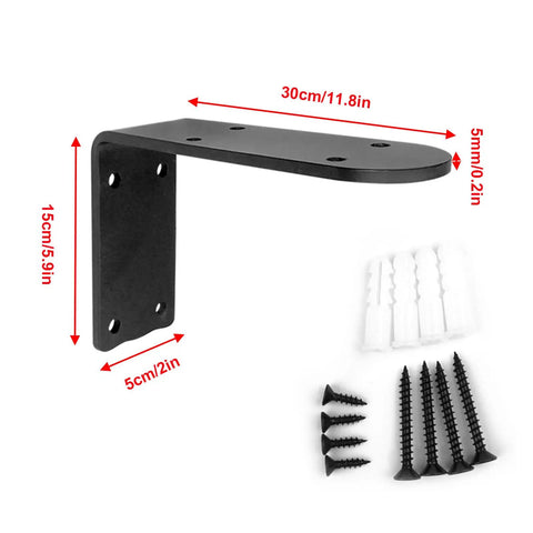 Heavy Duty Matte Black L Corner Brackets, 2 Pack Wall Mounted Shelf Supports For DIY Furniture with hardware and dimensions.