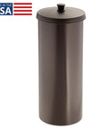Freestanding Bronze Toilet Paper Holder With Lid For Three Extra Rolls Slim Modern Bathroom Storage Stand That Keeps Spare Rolls Neatly Hidden Under A Decorative Knob, shown freestanding with lid closed in USA-made bronze finish.