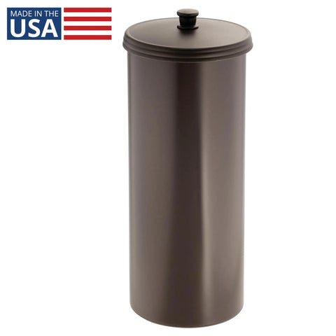 Freestanding Bronze Toilet Paper Holder With Lid For Three Extra Rolls Slim Modern Bathroom Storage Stand That Keeps Spare Rolls Neatly Hidden Under A Decorative Knob, shown freestanding with lid closed in USA-made bronze finish.