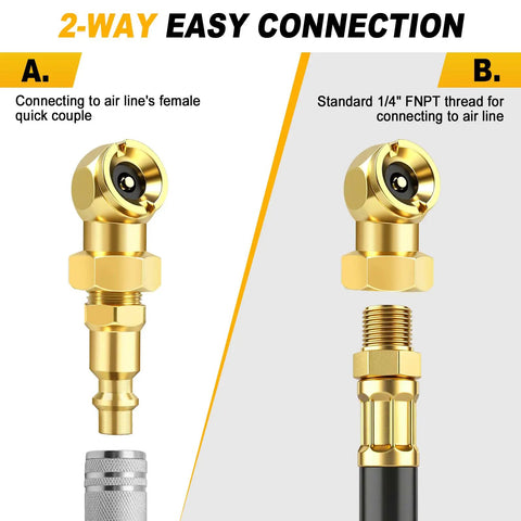 2 Pack Ball Foot Air Chuck Set For Quick Tire Inflation showing 1/4 inch NPT closed flow nozzle with quick connect options